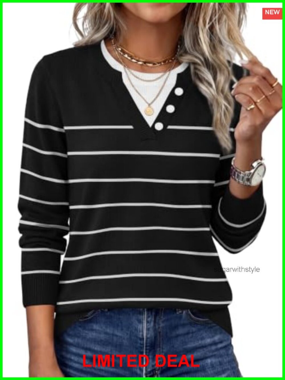 WIHOLL Women's Lightweight Knit Pullover Sweater Faux-Layered Button Fron